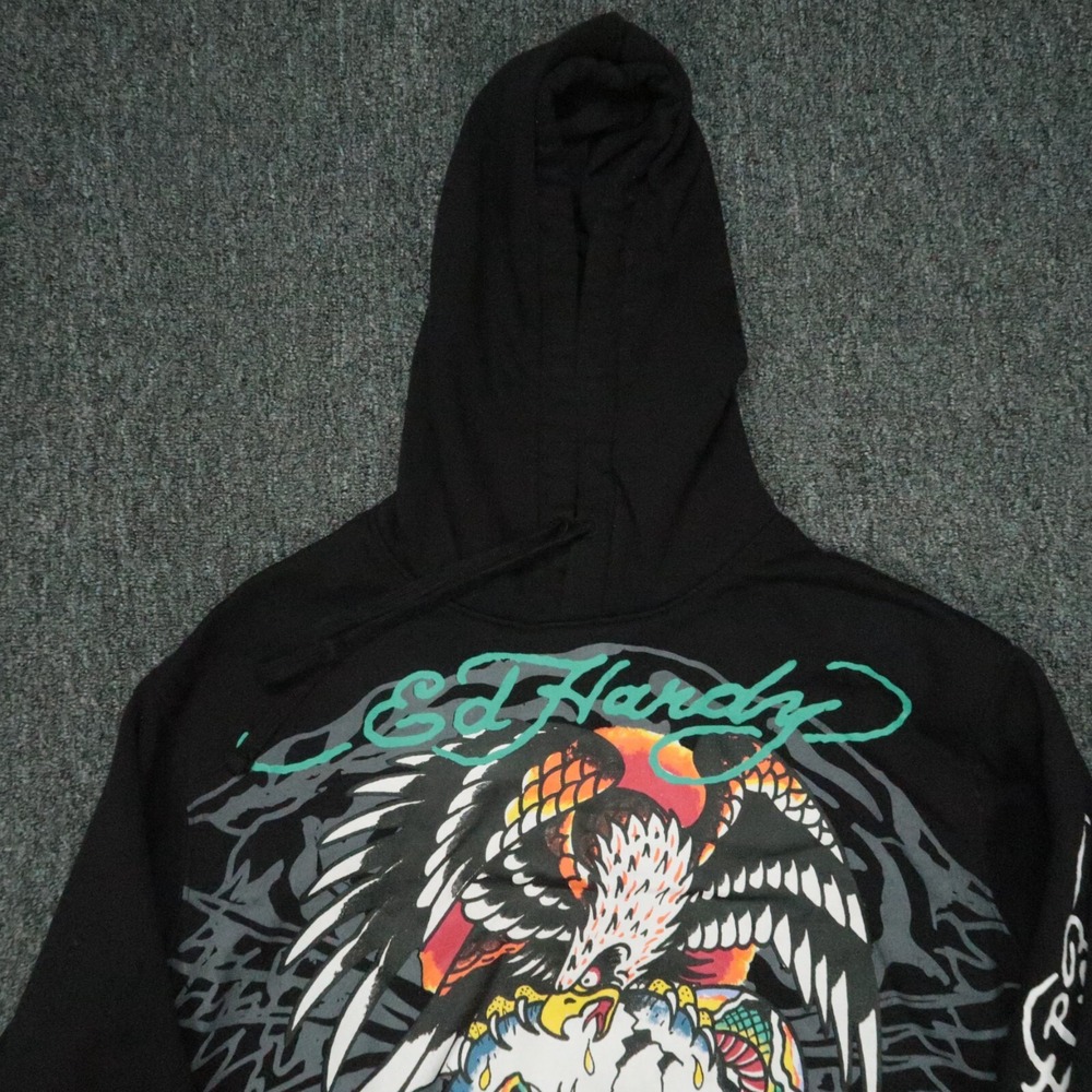 Ed Hardy Hoodie Mens Large Black Eagle Skull Graphic Pullover Hooded Pockets - Picture 2 of 12